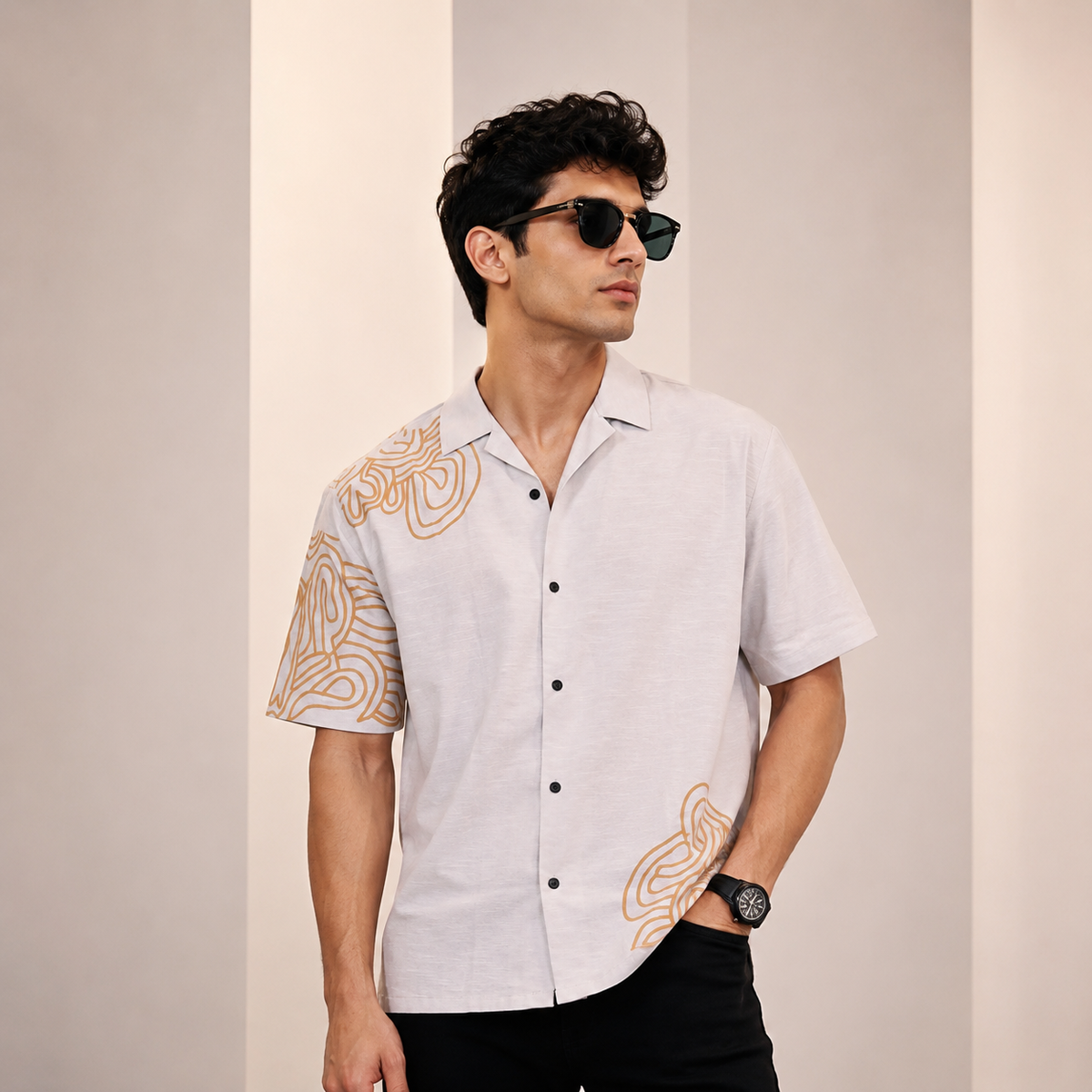 White & Gold Printed Casual Shirt