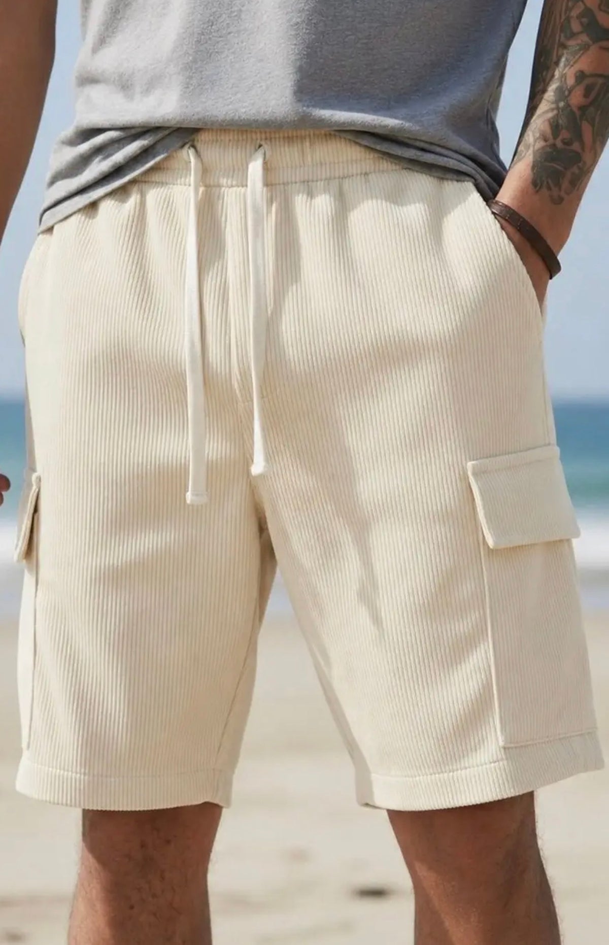 Men's Ribbed Cargo Shorts - Cream