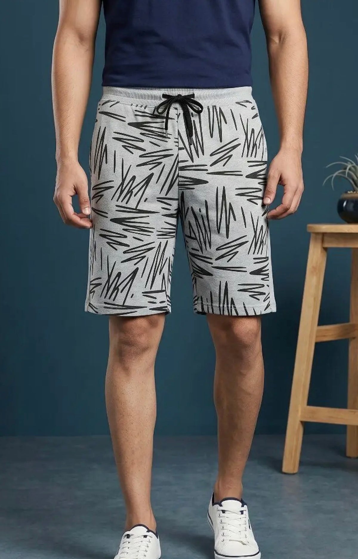 Men's Abstract Print Drawstring Casual Shorts - Navy