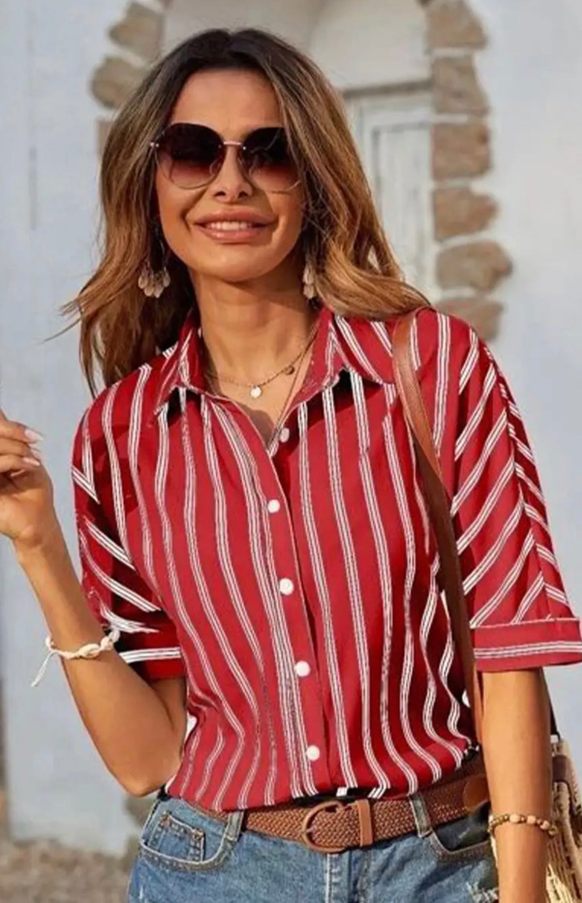 Women's Embroidered Casual Button Front Top - Cream